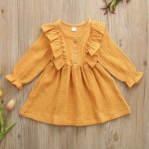 Mustard Color Short Sleeve Dress For Girls. main image 1